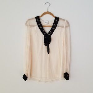 Milly Tie-front Ivory Blouse with Black Lace Trim